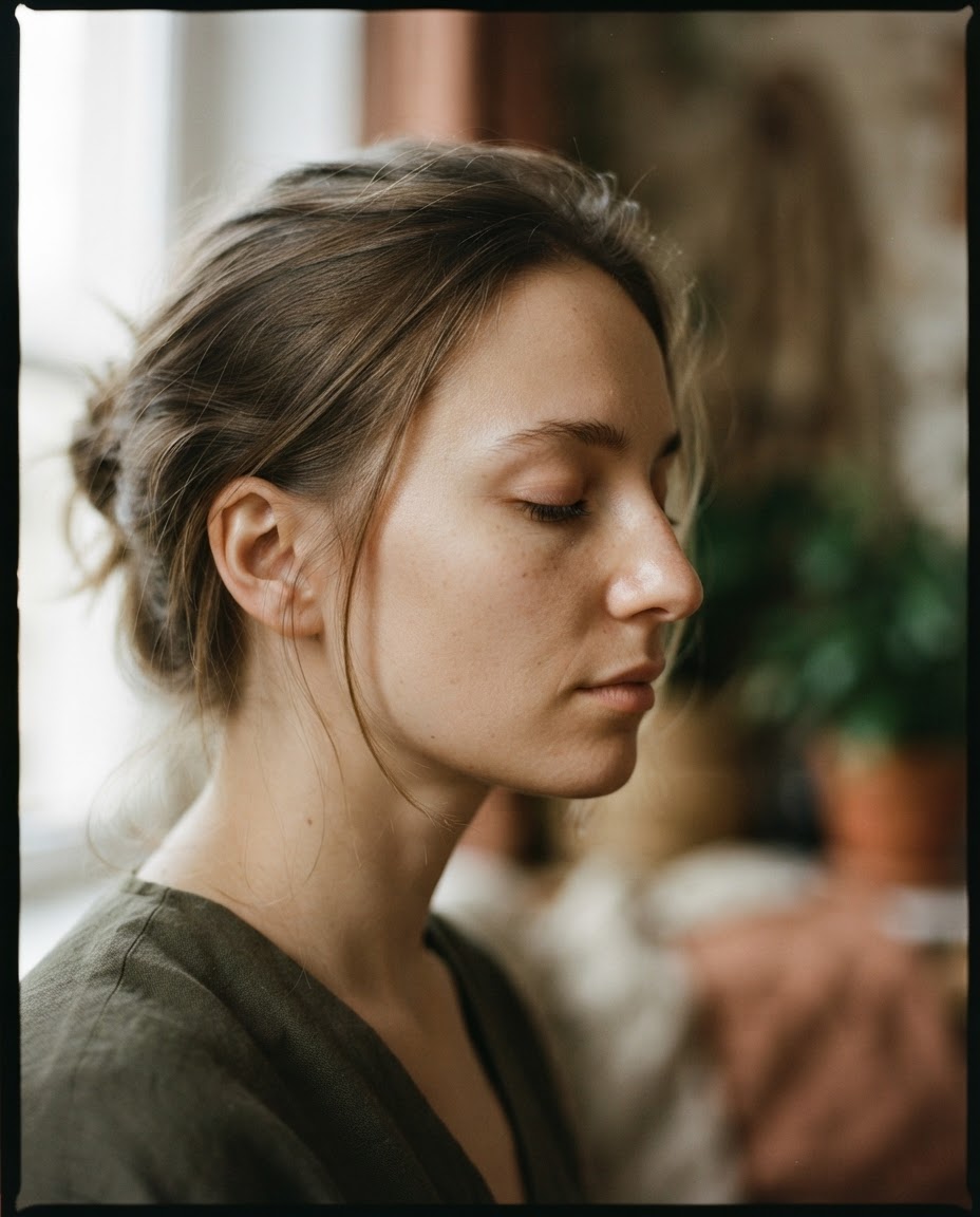 Person im Profil mit geschlossenen Augen im sanften Tageslicht — Breathwork-Session im Studio Sheree-Lou Zürich.